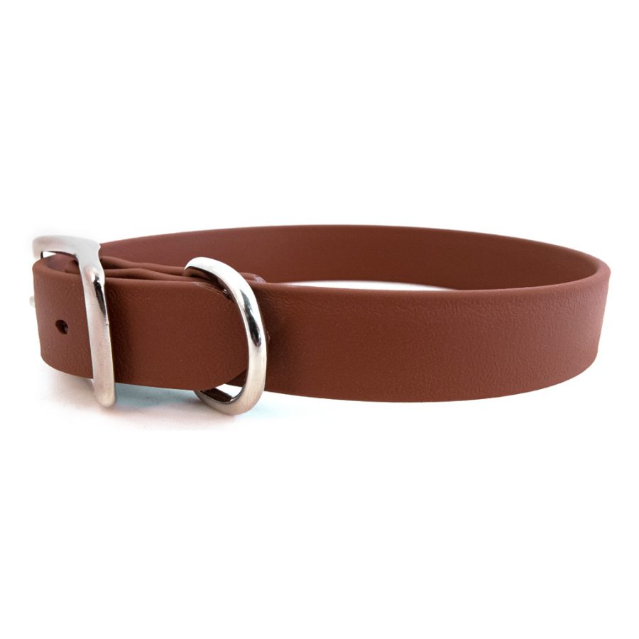 Waterproof brown dog collar with silver metal buckle and D-ring
