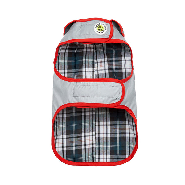 Gray dog jacket with red hood trim and plaid inner lining