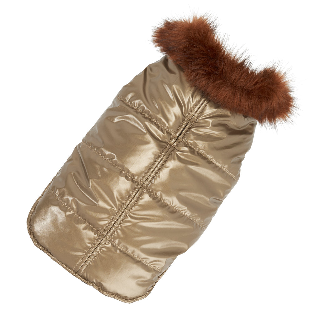 Metallic gold dog puffer coat with brown faux-fur trim hood and diamond quilting