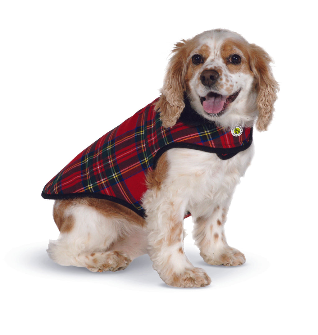 Red plaid fleece-lined dog coat with dark trim, worn by a small dog