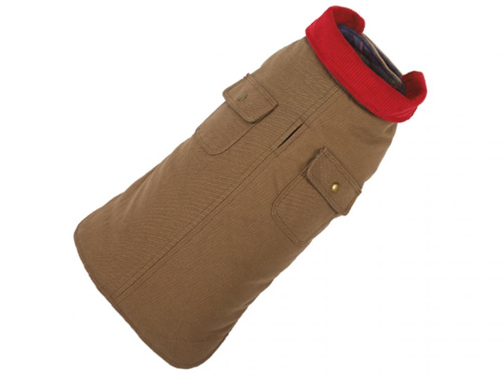 Tan dog barn coat with ribbed red collar and snap front pockets