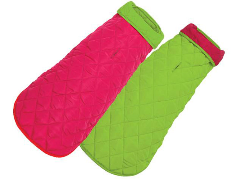 Two-tone diamond-quilted dog coat, pink with lime green trim and hood