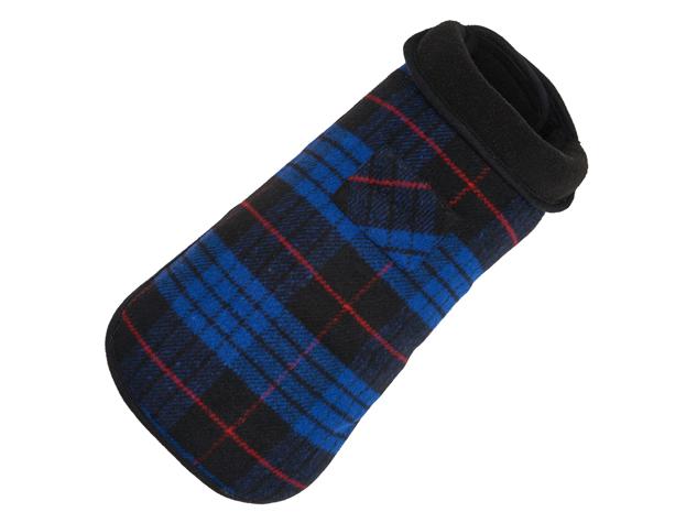 Blue plaid dog coat with fleece lining and black collar