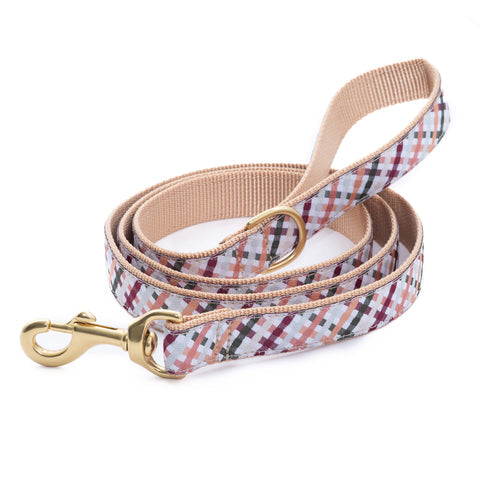 Plaid dog collar and matching leash set, beige strap with gold clasp and handle