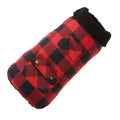 Red buffalo check fleece-lined dog coat with black plaid and sherpa collar