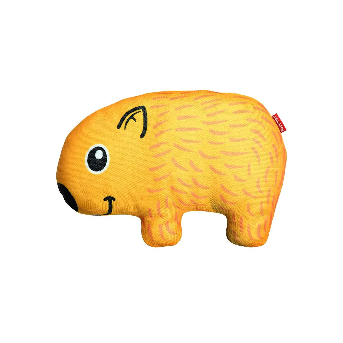 Plush wombat dog toy, orange-yellow with stitched face and small ears