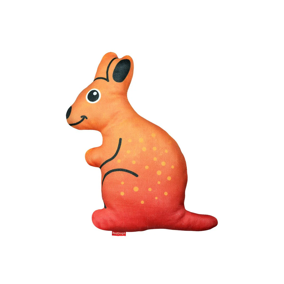 Kangaroo plush dog toy with orange and red body, black ears, and dotted pattern