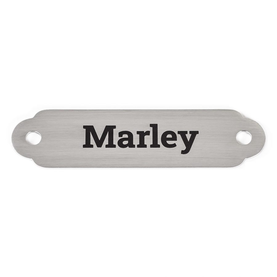 Stainless steel dog collar nameplate engraved 'Marley' with two mounting holes