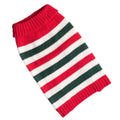 Red knit dog sweater with white and dark green horizontal stripes, ribbed collar and cuffs