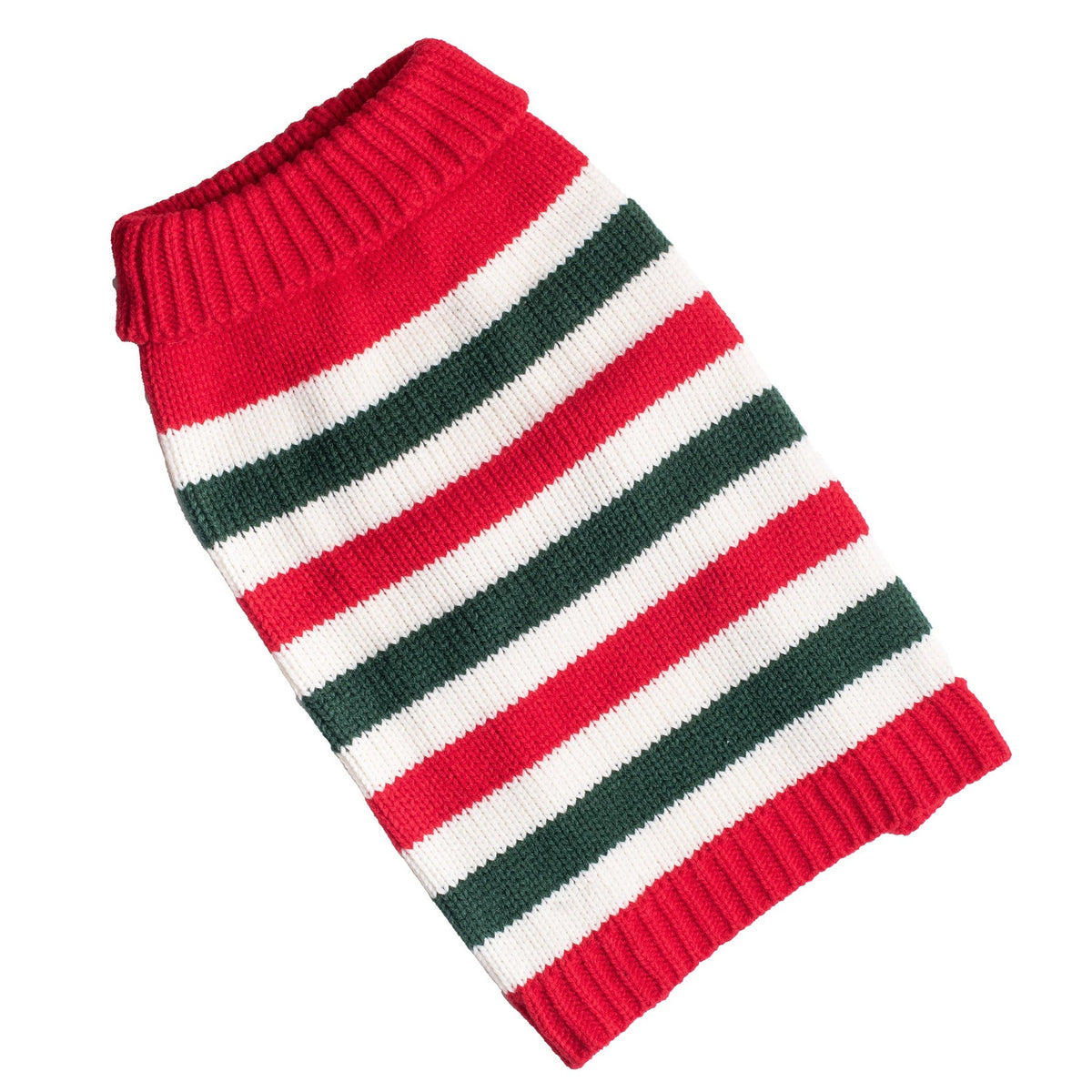 Red knit dog sweater with white and dark green horizontal stripes, ribbed collar and cuffs