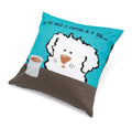 Turquoise dog-and-coffee decorative throw pillow with brown back