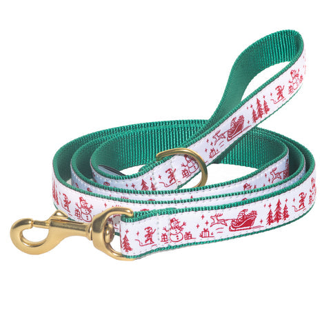 Christmas toile dog collar with matching leash, red trees and figures on white