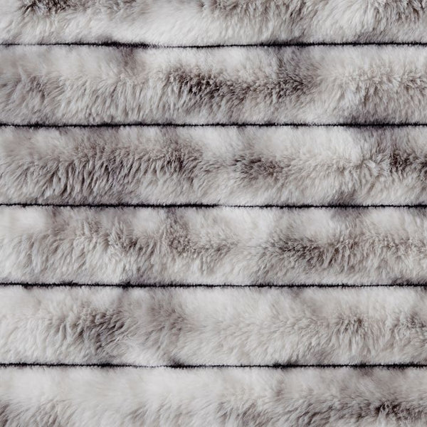 Reversible faux fur dog blanket, striped stack of gray plush layers