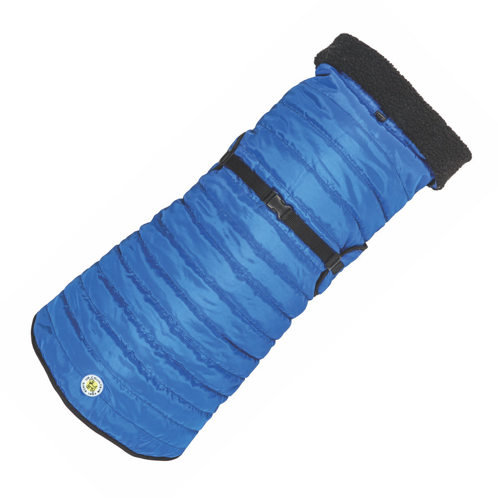 Blue quilted dog parka with thick dark collar and adjustable front straps