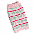 Pink knit dog sweater with ribbed turtleneck and green, red, and white striped pattern