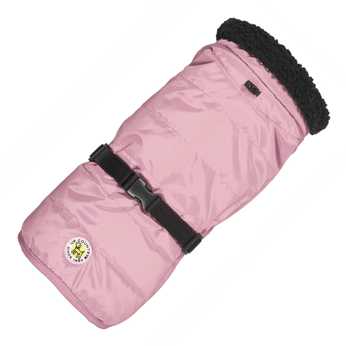 Pink quilted dog parka with thick dark collar, snap front, and adjustable straps