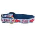 Blue dog collar with fish print, light trim, and brass buckle