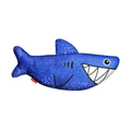 Blue plush shark dog toy with white teeth and dotted pattern, red brand tag