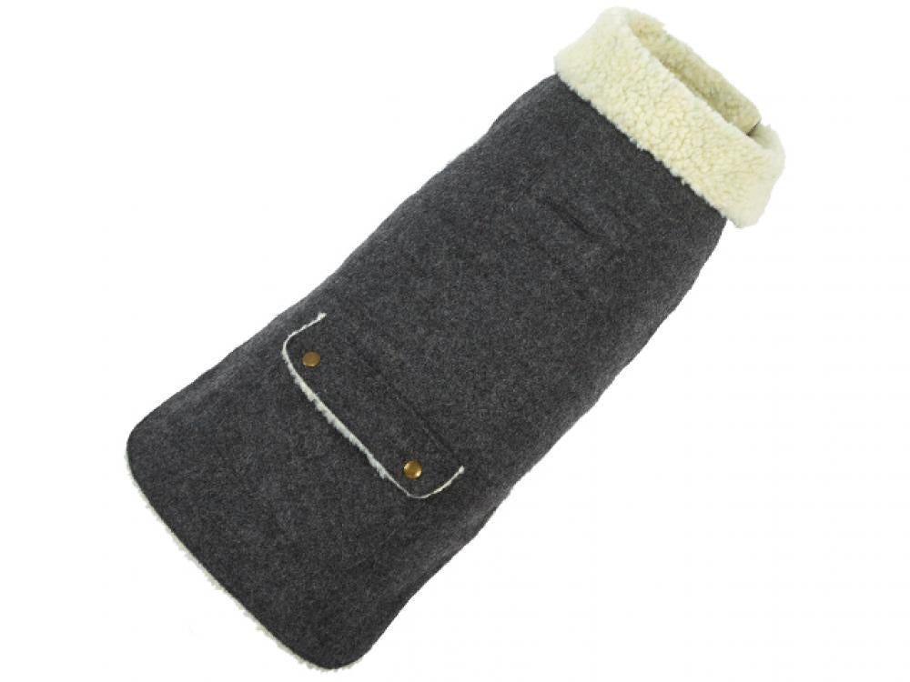 Gray wool dog coat with cream fleece lining, curved chest flap and two gold buttons