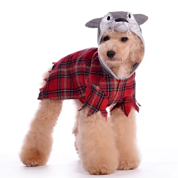 Werewolf dog costume red plaid hooded shirt with gray wolf ears