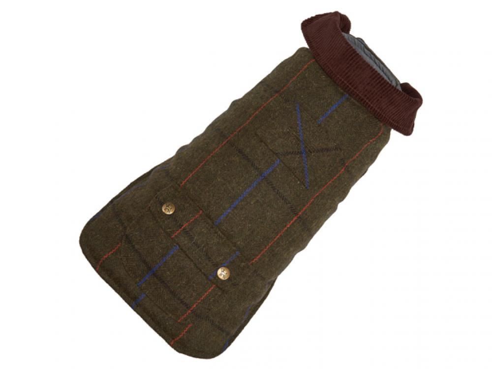 Green tweed dog coat with plaid pattern, burgundy collar, and two brass snap buttons.