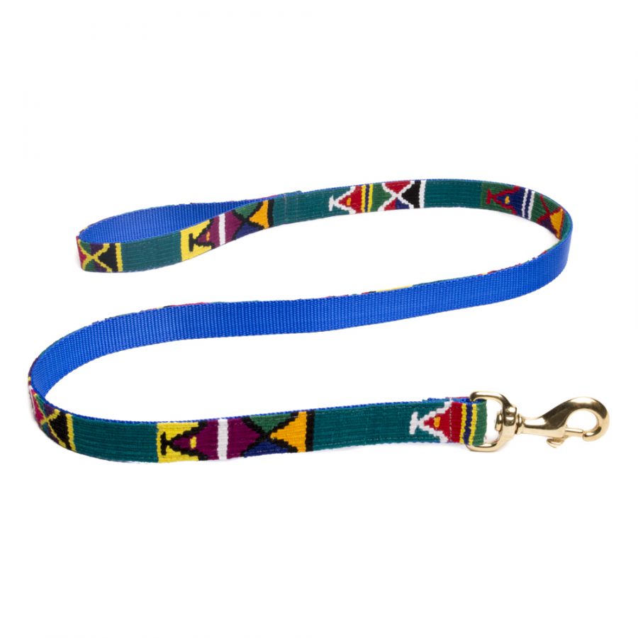 Handmade cotton dog leash, teal and blue with colorful pattern, gold-tone trigger clasp