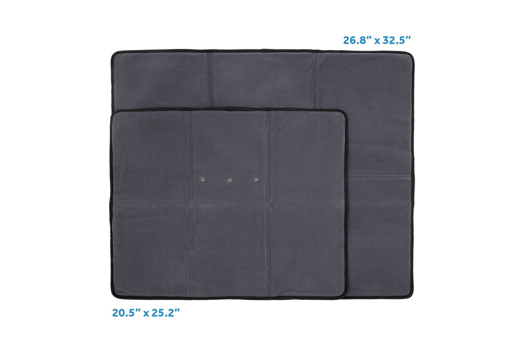 Charcoal rectangular dog travel mat with stitched panels and dimensions