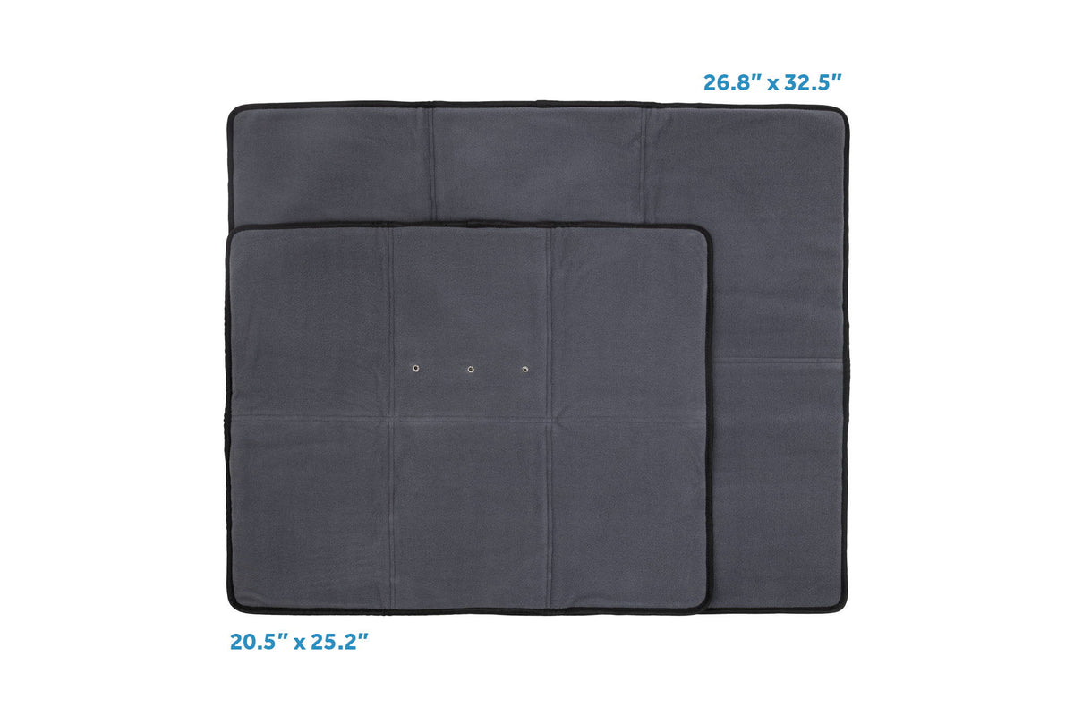 Charcoal rectangular dog travel mat with stitched panels and dimensions