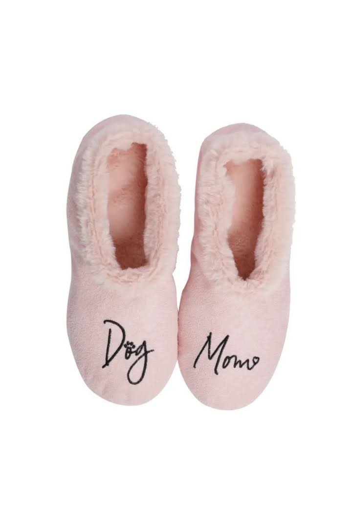 Pink plush footsies slippers, 'Dog' and 'Momo' embroidered on the front