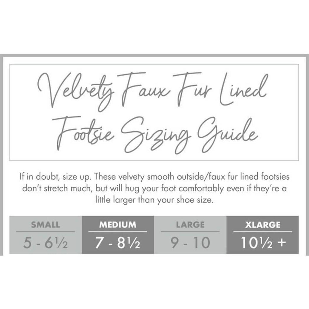 Velvety faux fur lined footsies sizing guide chart with size ranges