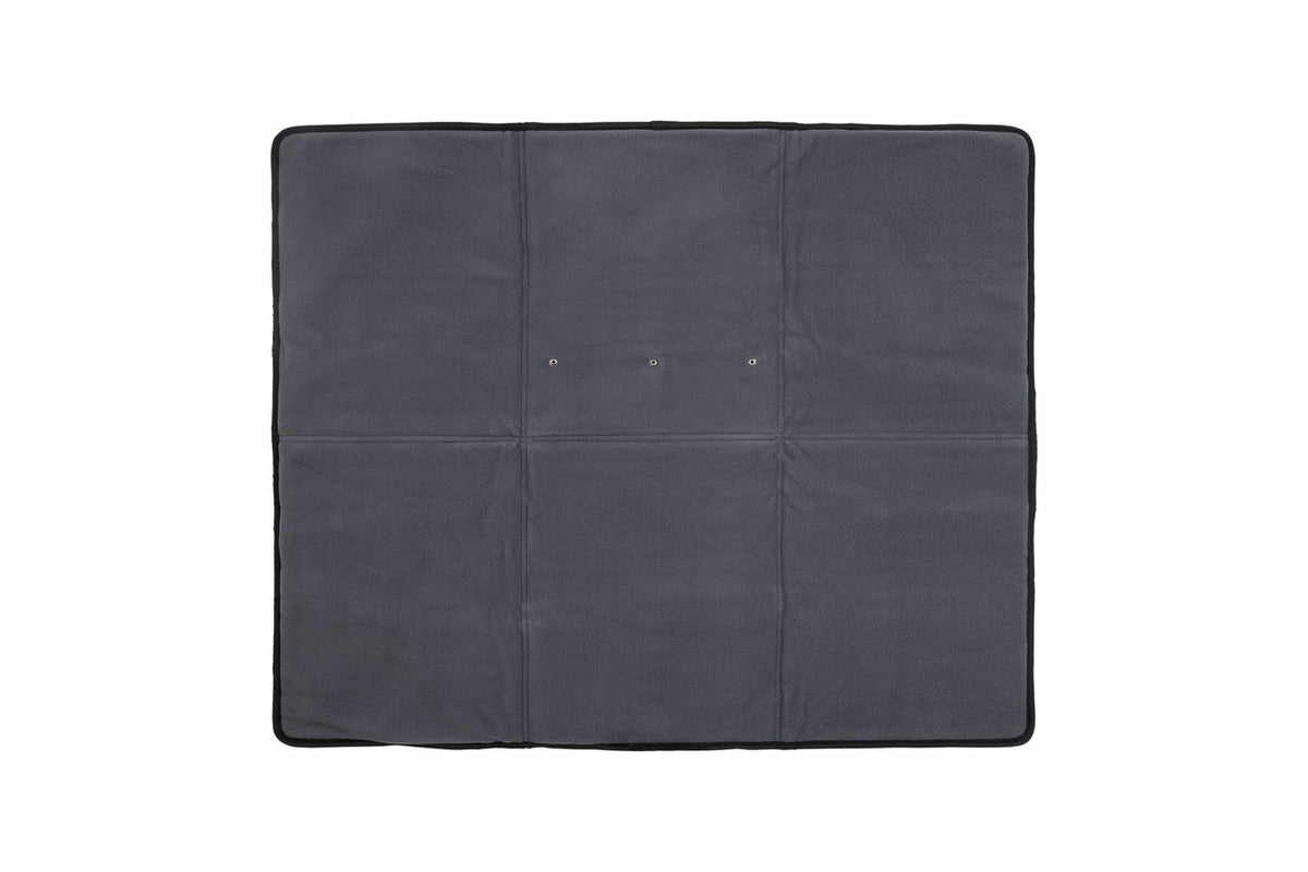Charcoal dog travel mat, flat padded surface with stitched panel seams