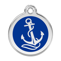 Stainless steel dog ID tag with blue anchor icon and round loop