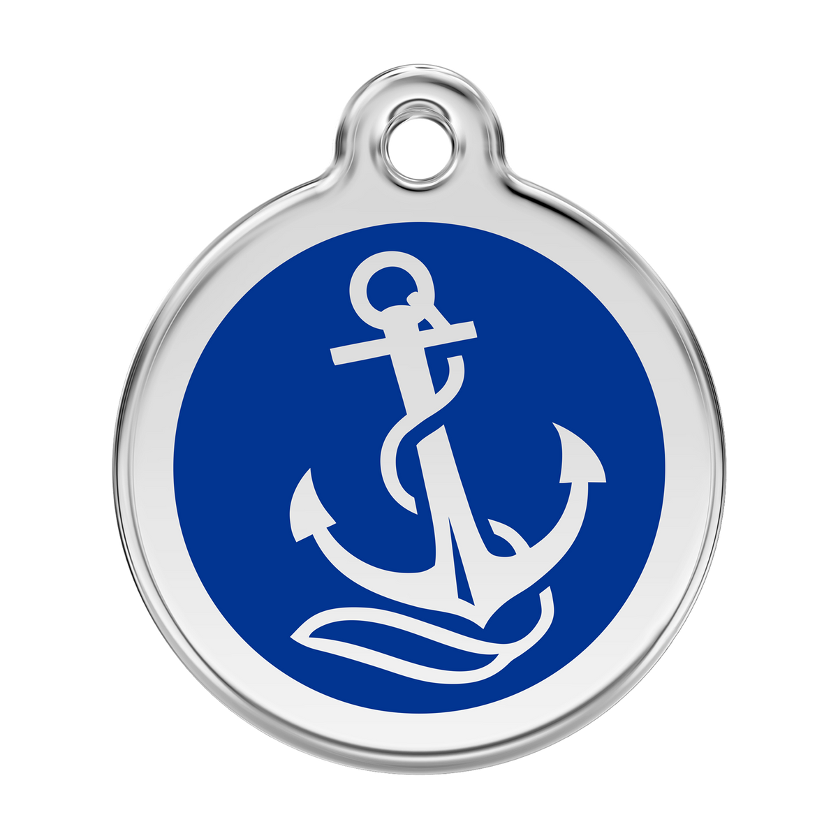 Stainless steel dog ID tag with blue anchor icon and round loop