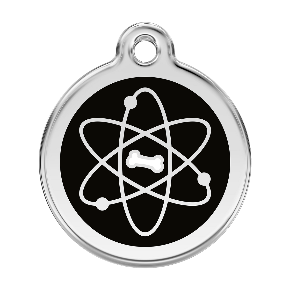 Red Dingo stainless steel and enamel dog ID tag with black atom design