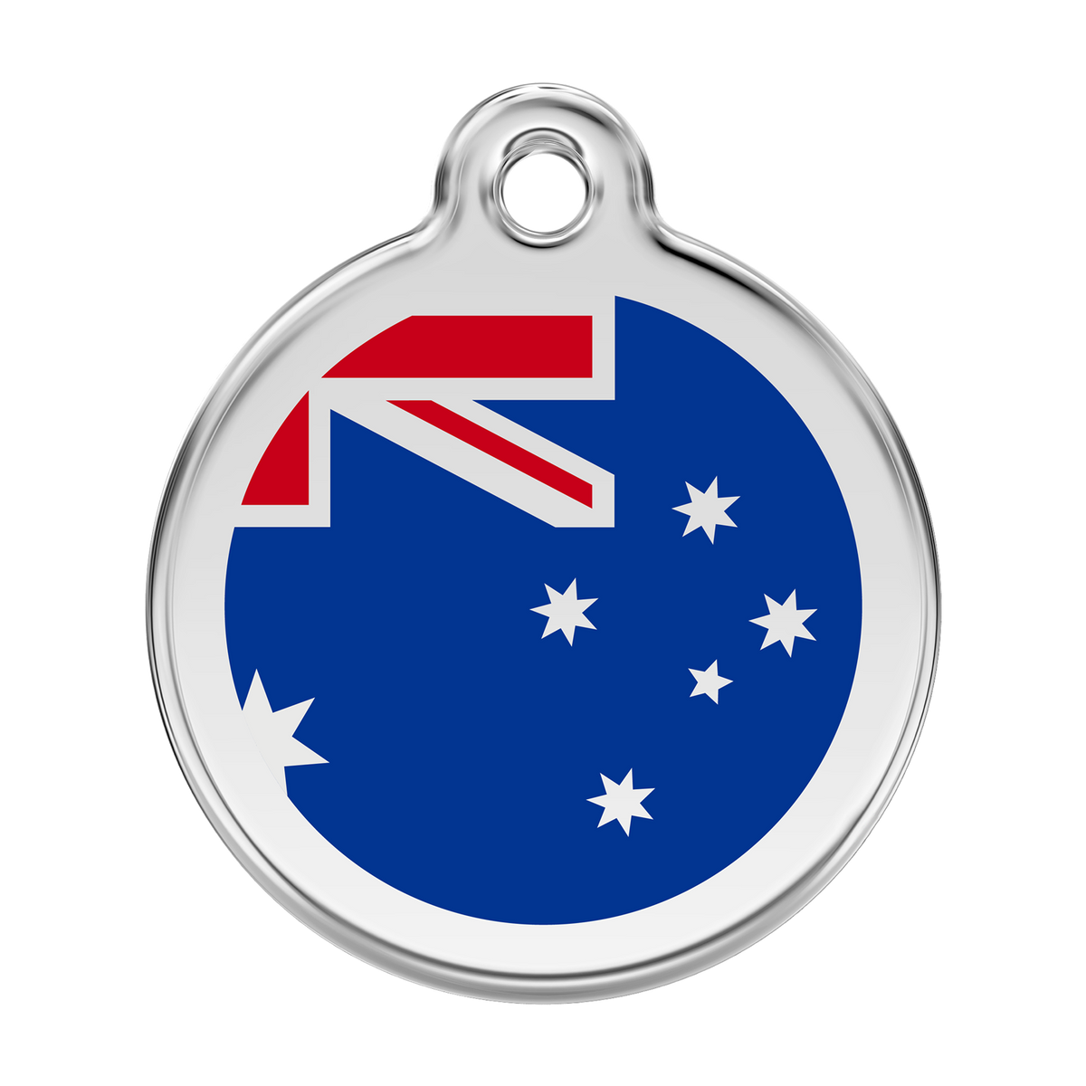 Red Dingo round stainless steel dog ID tag with enamel Australian flag