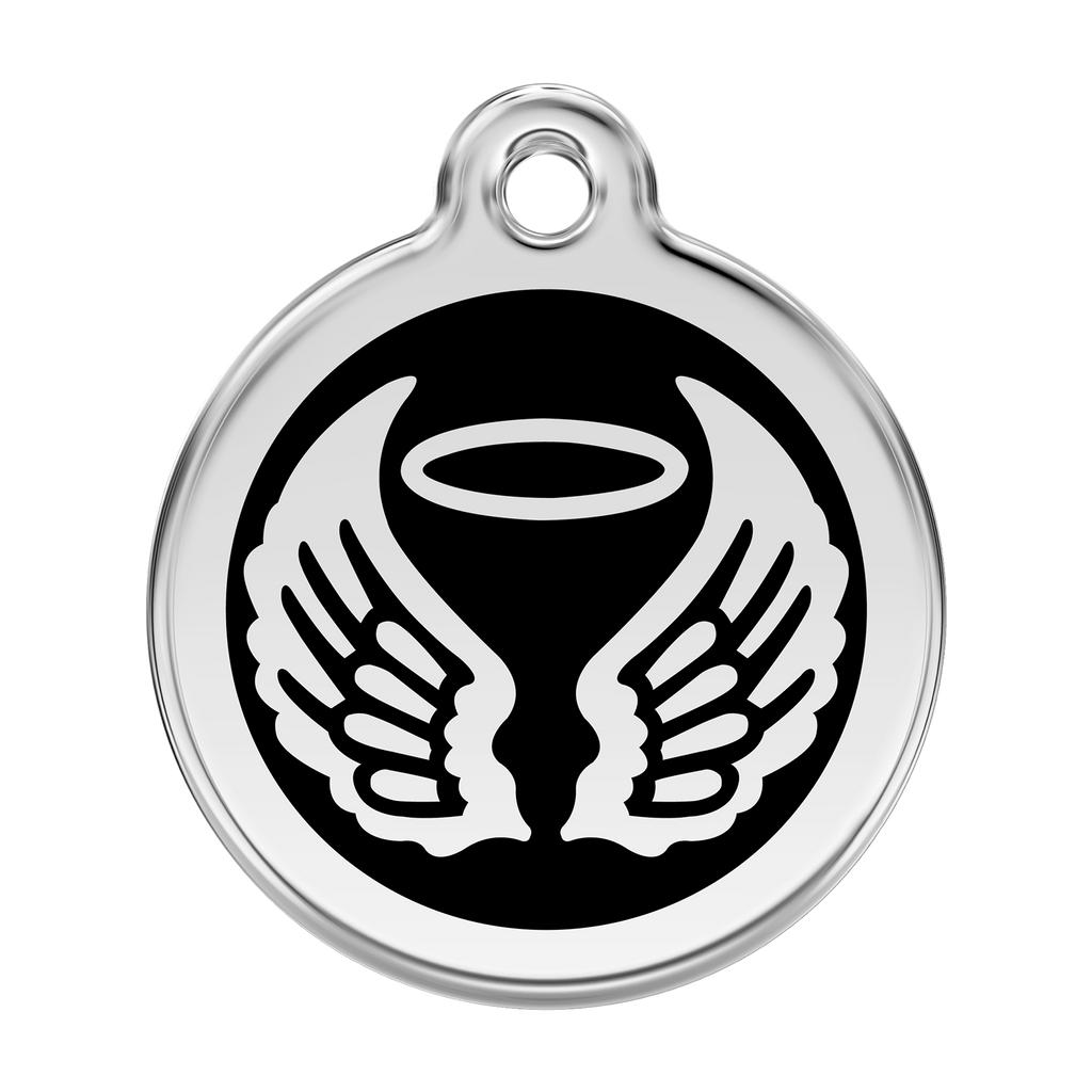 Stainless steel dog ID tag with black enamel angel wings and flame icon