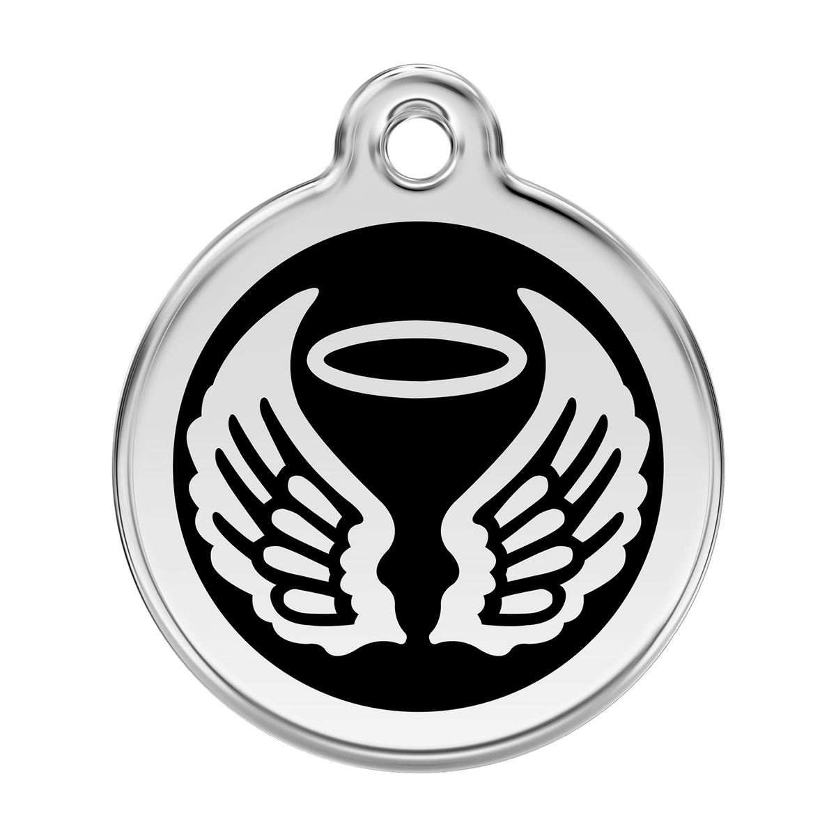 Stainless steel dog ID tag with black enamel angel wings and flame icon