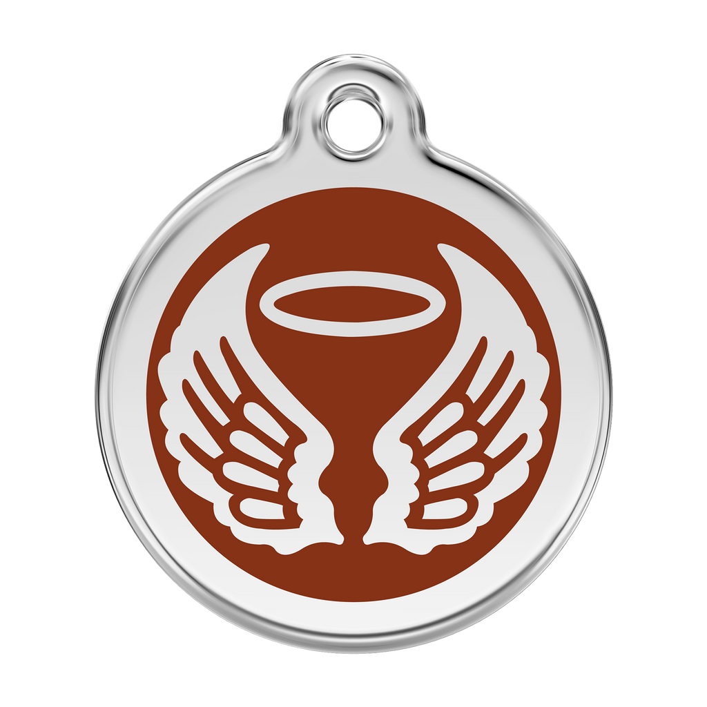 Stainless steel dog ID tag with brown enamel angel wings and flame icon