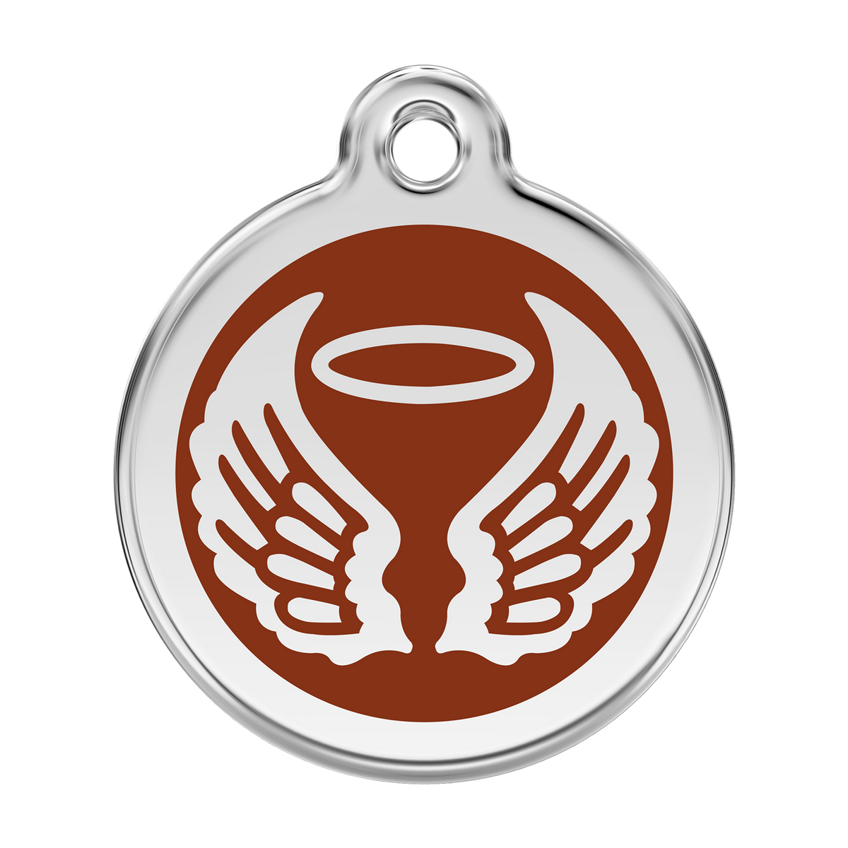 Stainless steel dog ID tag with brown enamel angel wings and flame icon