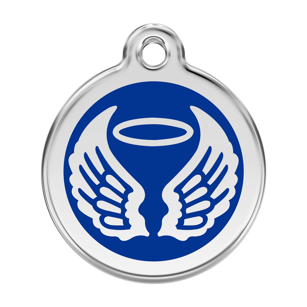 Stainless steel dog ID tag with dark blue enamel angel wings and flame icon