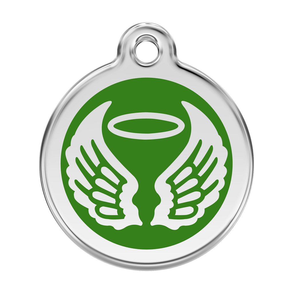 Stainless steel dog ID tag with green enamel angel wings and flame icon