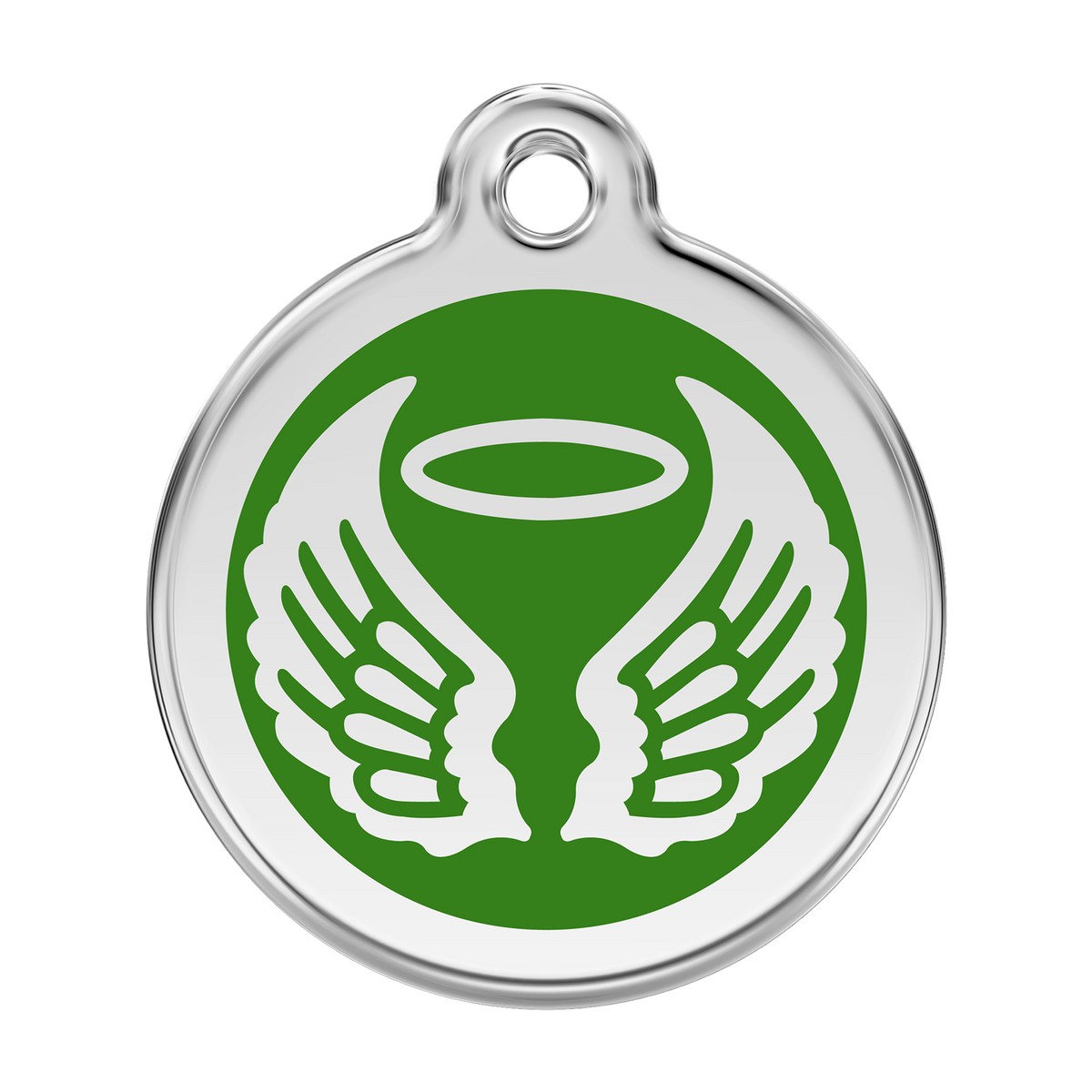 Stainless steel dog ID tag with green enamel angel wings and flame icon