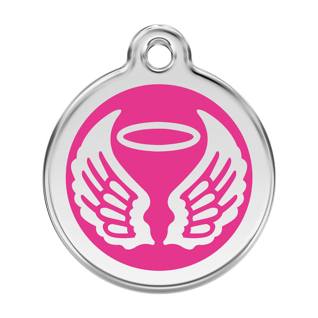 Stainless steel dog ID tag with hot pink enamel angel wings and flame icon