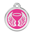 Stainless steel dog ID tag with hot pink enamel angel wings and flame icon