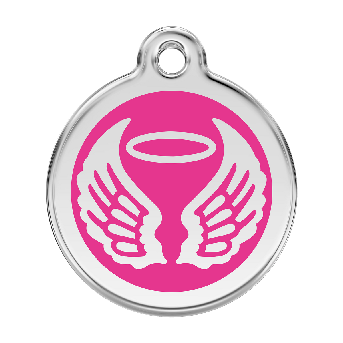 Stainless steel dog ID tag with hot pink enamel angel wings and flame icon