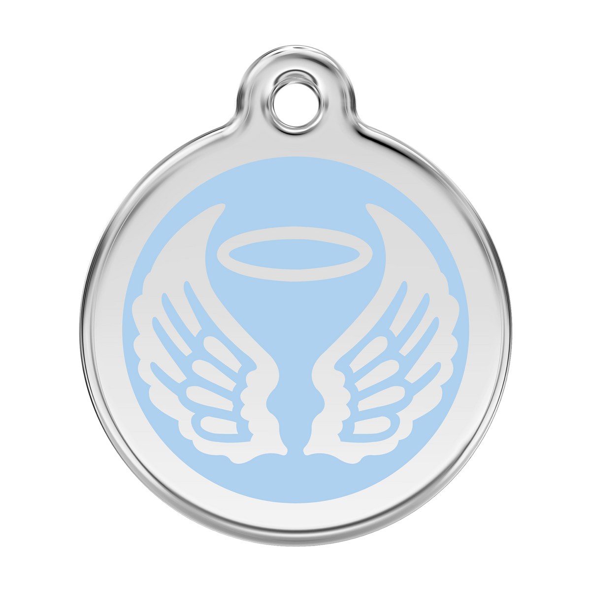 Stainless steel dog ID tag with light blue enamel angel wings and flame icon