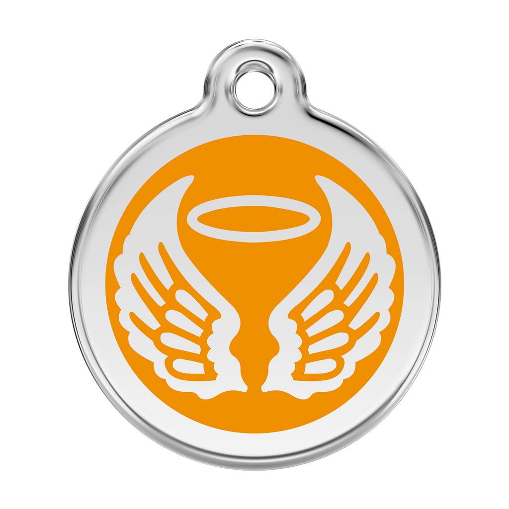 Stainless steel dog ID tag with orange enamel angel wings and flame icon
