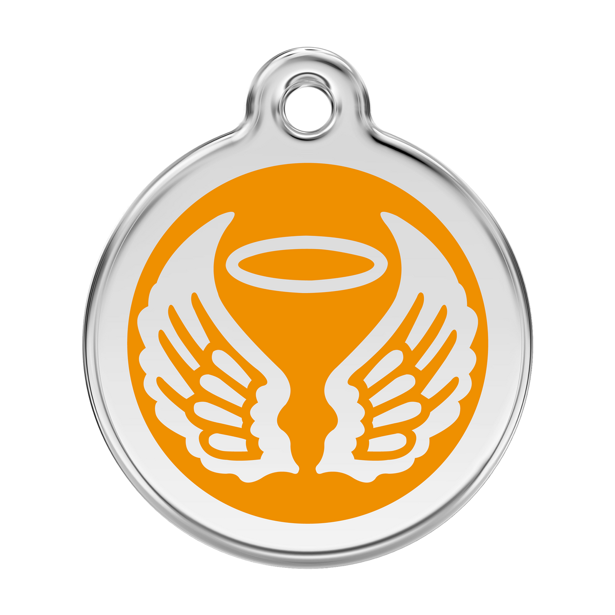 Stainless steel dog ID tag with orange enamel angel wings and flame icon