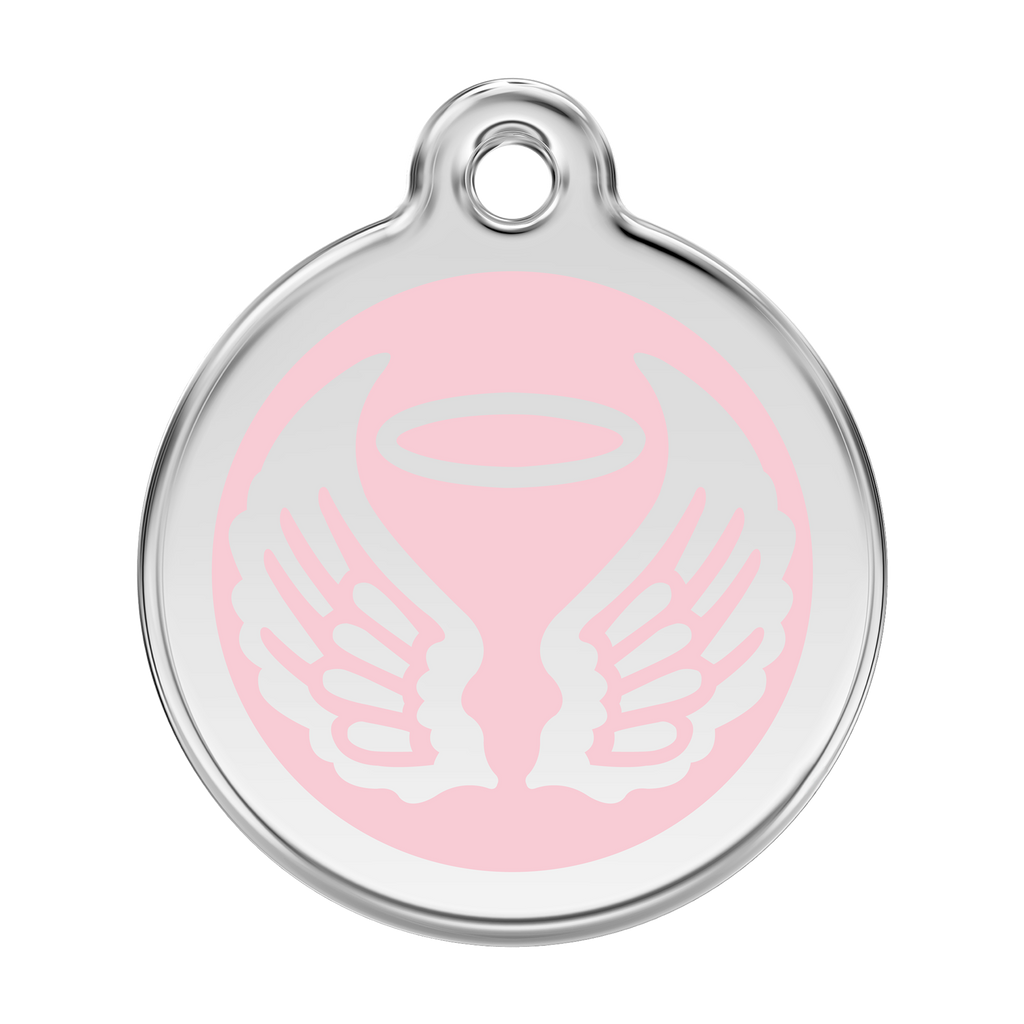 Stainless steel dog ID tag with light pink enamel angel wings and flame icon