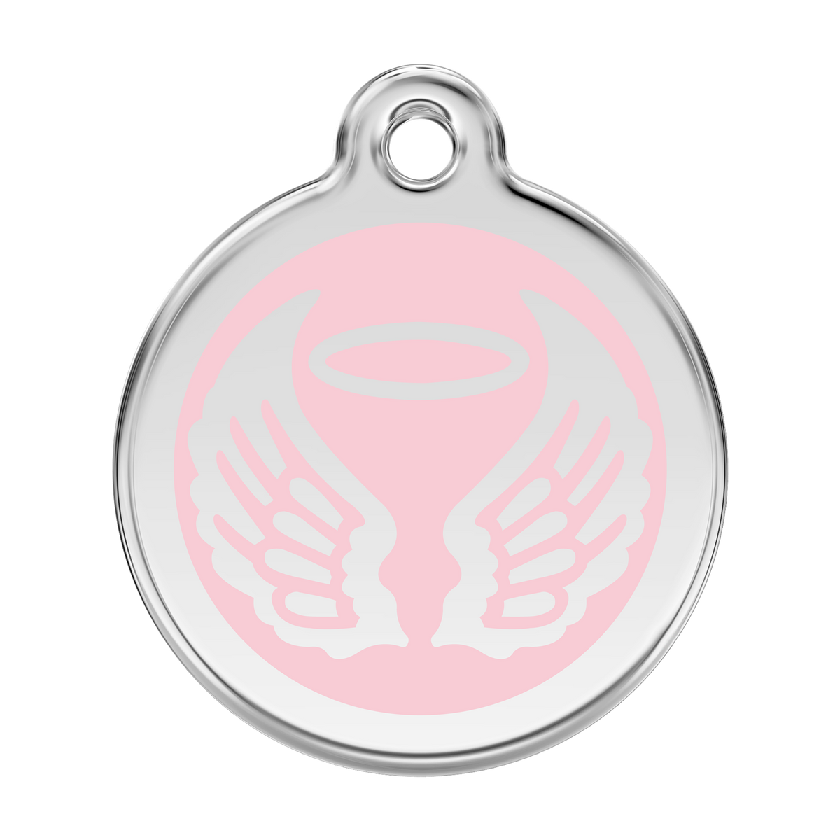 Stainless steel dog ID tag with light pink enamel angel wings and flame icon